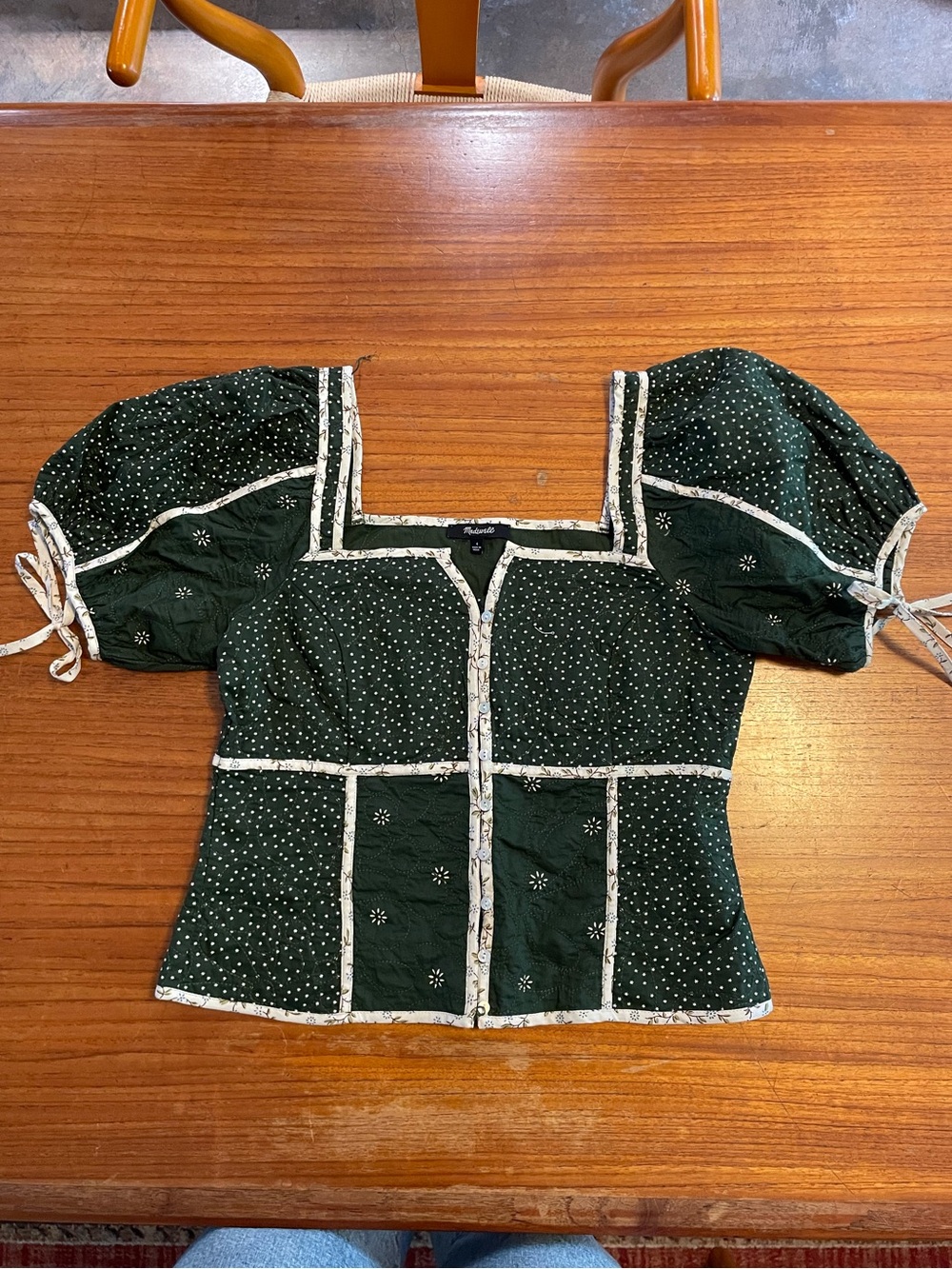 Madewell Forest Green Puff Sleeve Square Neck Top with Contrast Trim
